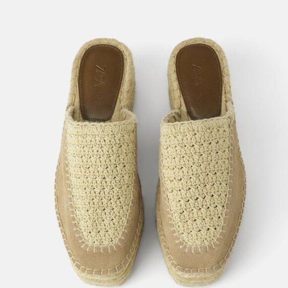 NWOT Zara ecru and khaki suede crochet espadrille platform sandals, EU 38 - Picture 5 of 14
